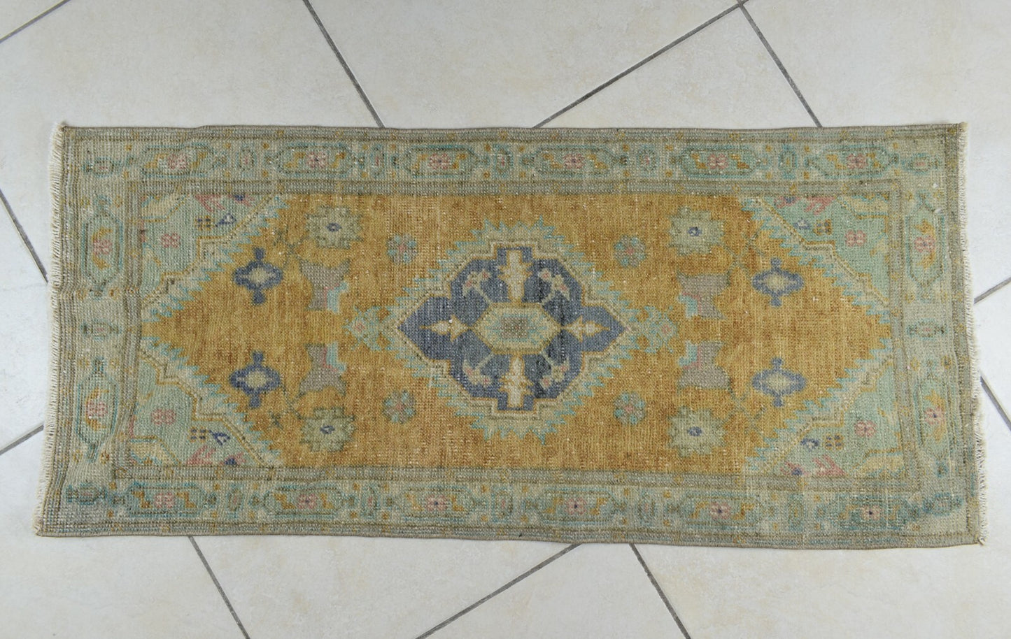 Turkish Runner 3.4x1.5 ft Vintage Small Rug Oushak Runner Anatolian Mini Rug Y73