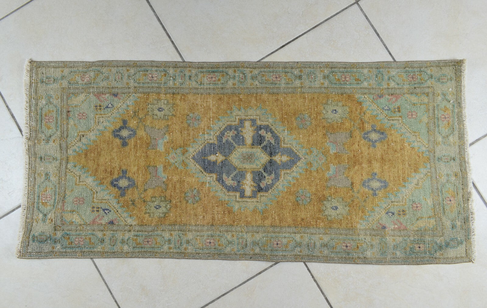 Turkish Runner 3.4x1.5 ft Vintage Small Rug Oushak Runner Anatolian Mini Rug Y73