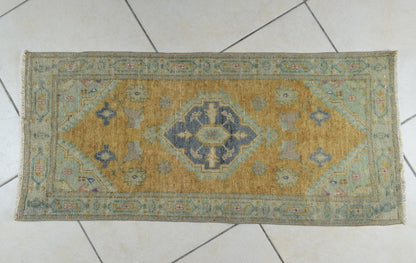 Turkish Runner 3.4x1.5 ft Vintage Small Rug Oushak Runner Anatolian Mini Rug Y73