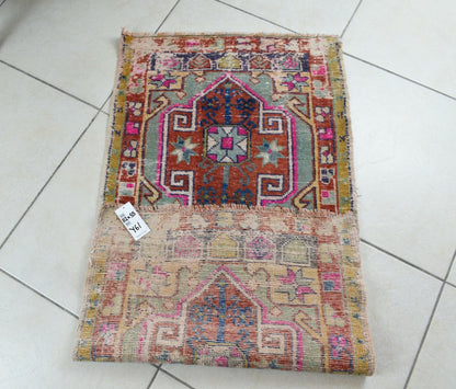 Turkish Runner 3.6x1.8 ft Vintage Small Rug Oushak Runner Anatolian Mini Rug Y61