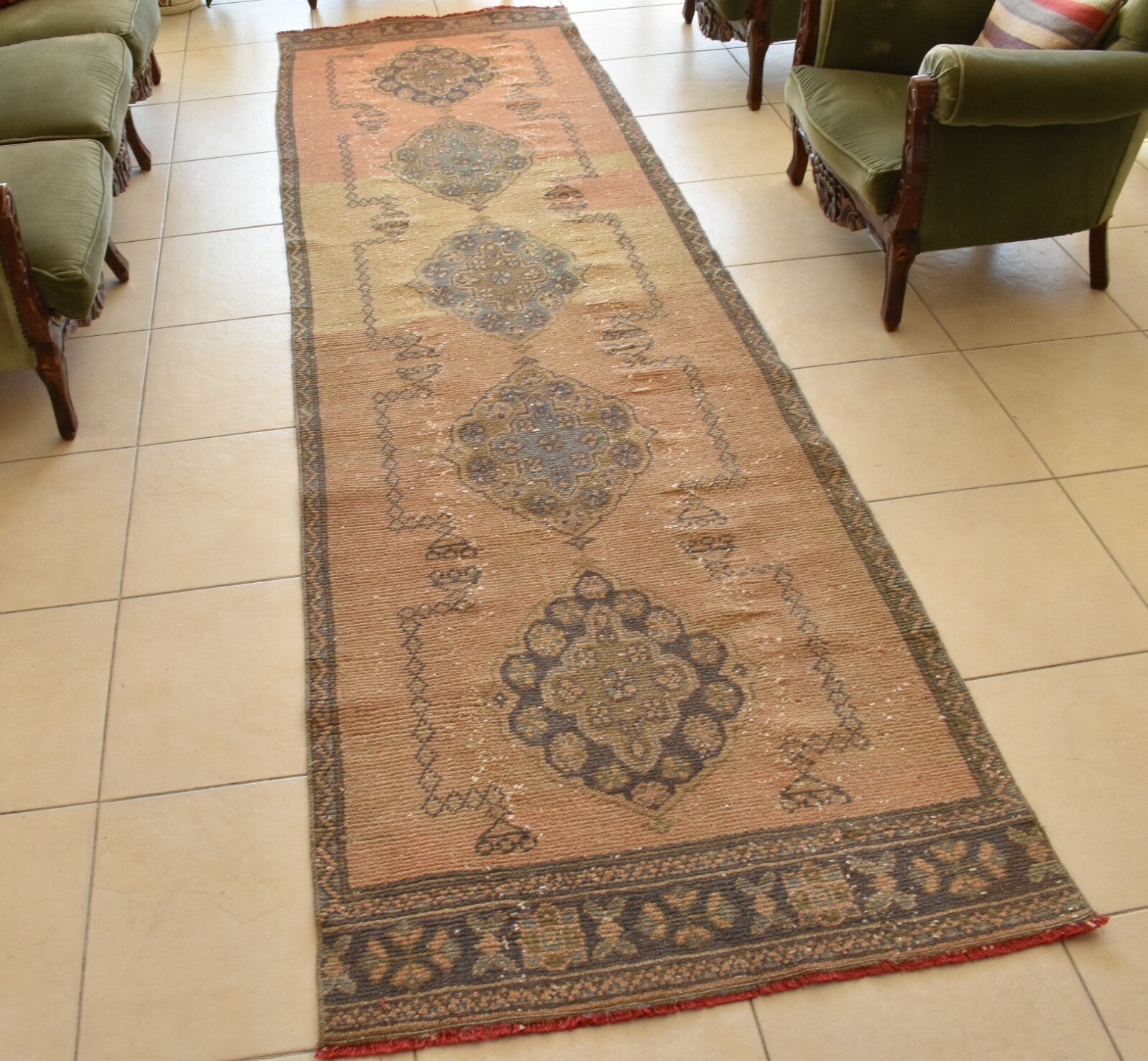 Vintage Oushak Rug 3.3 x 11.4 ft Handwoven Traditional Long Carpet Runner C42