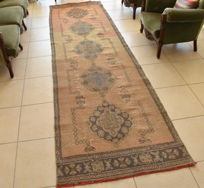 Vintage Oushak Rug 3.3 x 11.4 ft Handwoven Traditional Long Carpet Runner C42