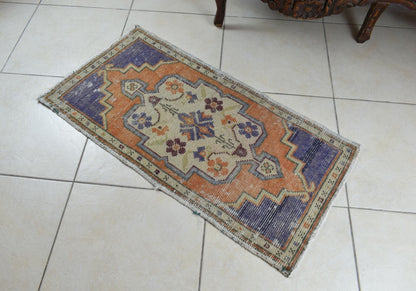 Turkish Runner 3.2x1.6 ft Vintage Small Rug Oushak Runner Anatolian Mini Rug Y70