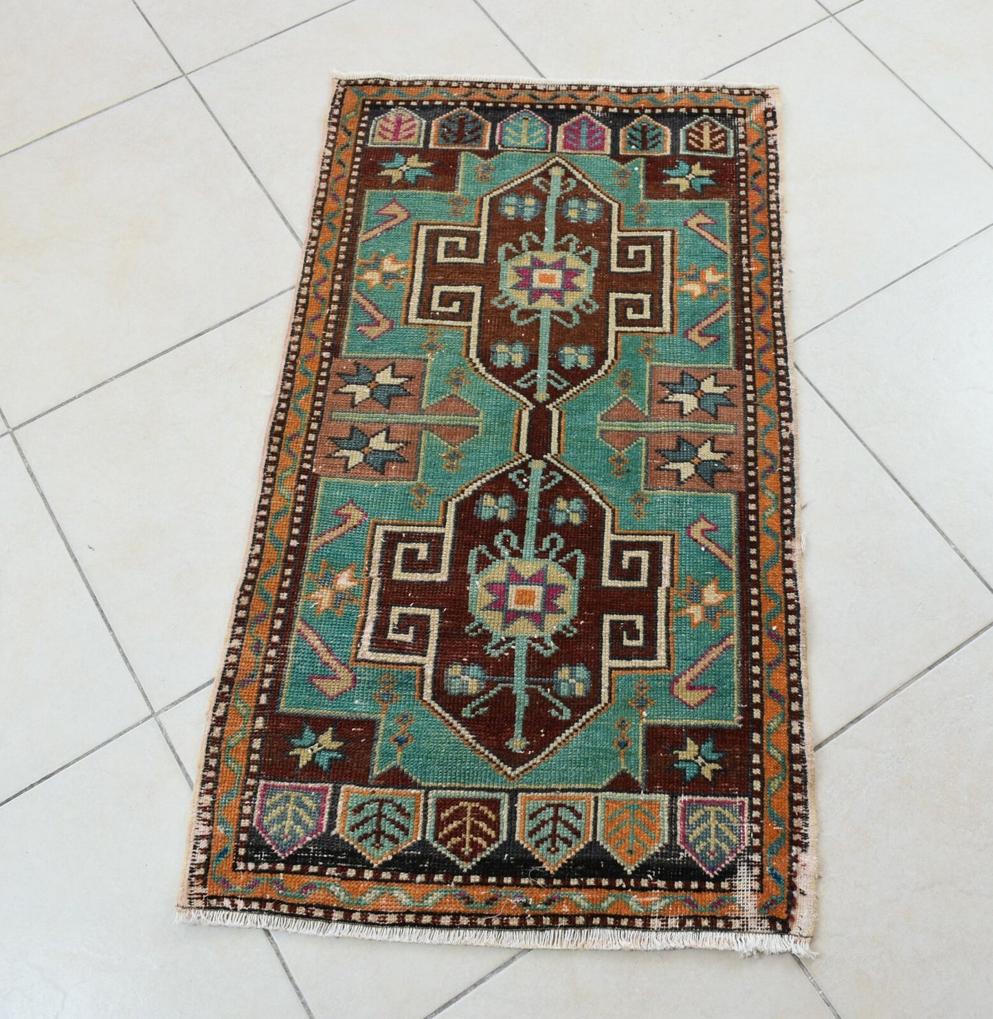 Small Turkish Runner 3.7x2 ft Vintage Runner Hallway Runner Handwoven Rug R39