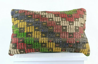 Kilim Pillow Cover 12x20 Handmade Turkish Rug Boho Ethnic Lumbar Cushion E1091