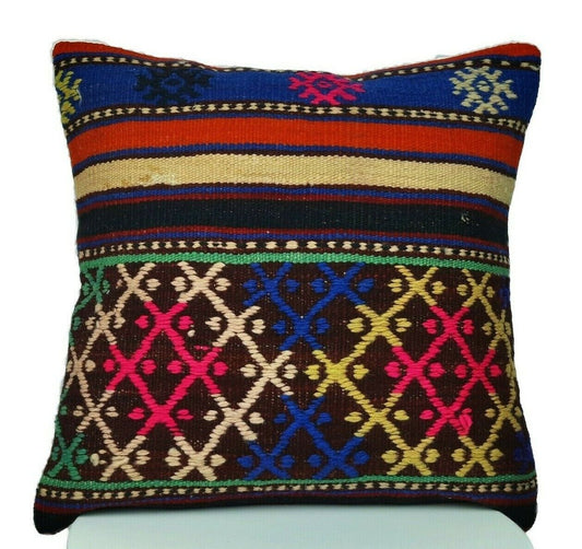 16x16 Handmade Kilim Rug Pillow Cover Vintage Boho Ethnic Lumbar Cushion E218