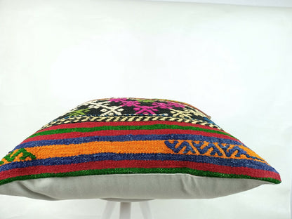 Kilim Pillow Cover 24x24 Traditional Turkish Handmade Wool Lumbar Cushion E652
