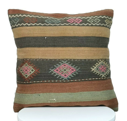 Traditional Kilim Cushion Cover 16x16 Handmade Turkish Tribal Pillow Cover E175