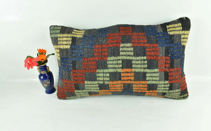 Kilim Pillow Cover 12x20 Turkish Handmade Vintage Couch Lumbar Cushion  A1848