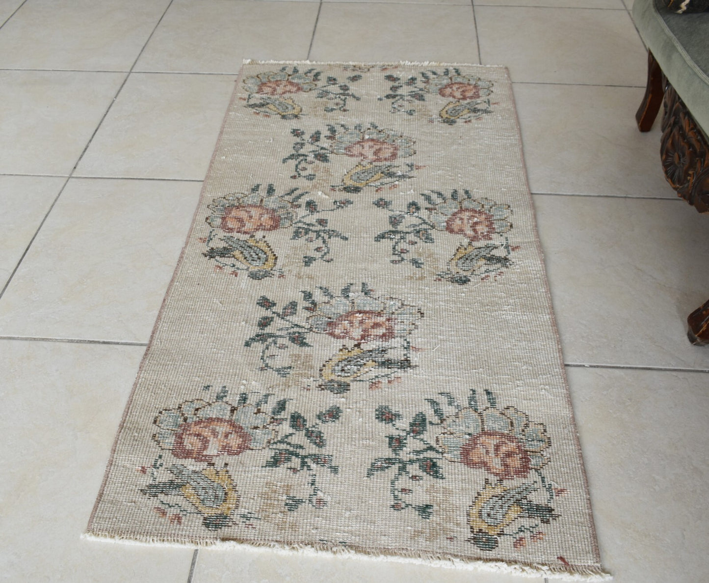 Vintage Oushak Rug 4x2 ft Turkish Floor Rug Faded Area Rug Oriental Rug