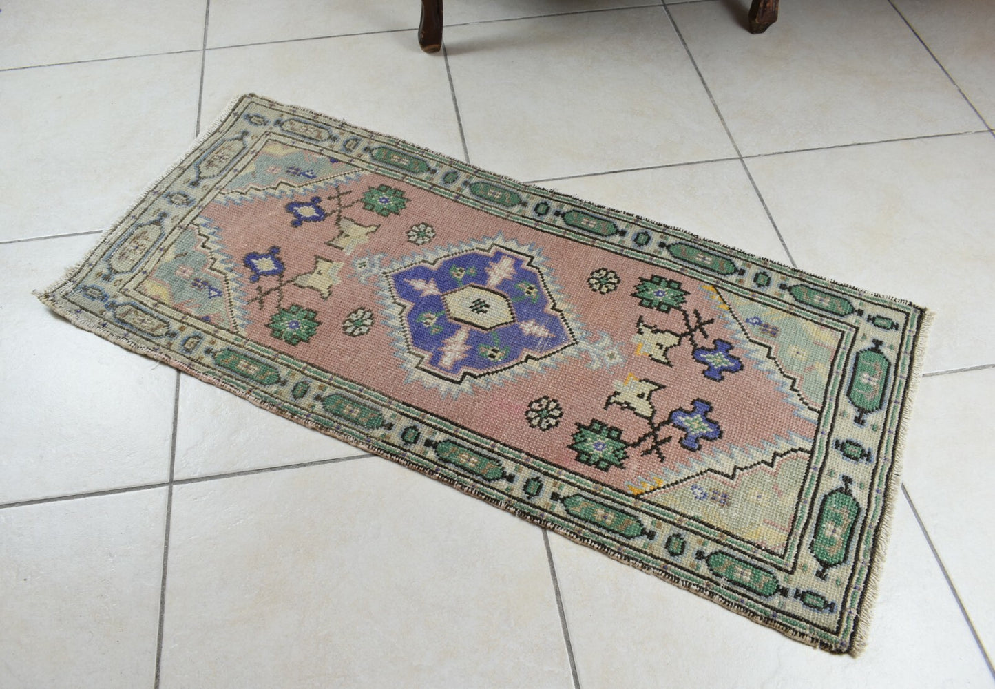 Turkish Runner 3.6x1.6 ft Vintage Small Rug Oushak Runner Anatolian Mini Rug Y68