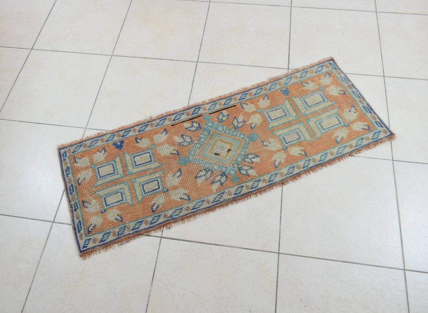 Vintage Runner 4.2x1.5 ft Mini Turkish Rug Oushak Runner Anatolian Runner Y90