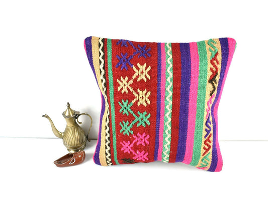  Kilim Pillow Cover 16x16 Decorative Vintage Handmade Bohemian Cushion A1650