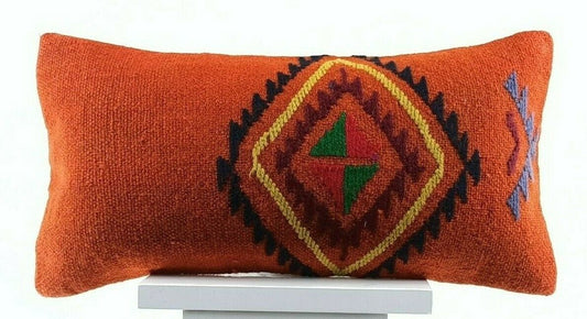 Anatolian Traditional Kilim Lumbar Pillow 8x16 Handmade Tribal Throw Pillow E757