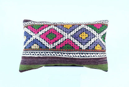 Kilim Pillow Cover 12x20 Handmade Turkish Rug Boho Ethnic Lumbar Cushion 1934