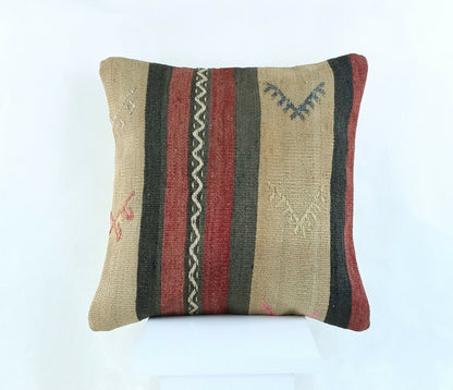 Kilim Pillow Cover 16x16 Handmade Turkish Home Decorative Wool Sofa Cushion A814