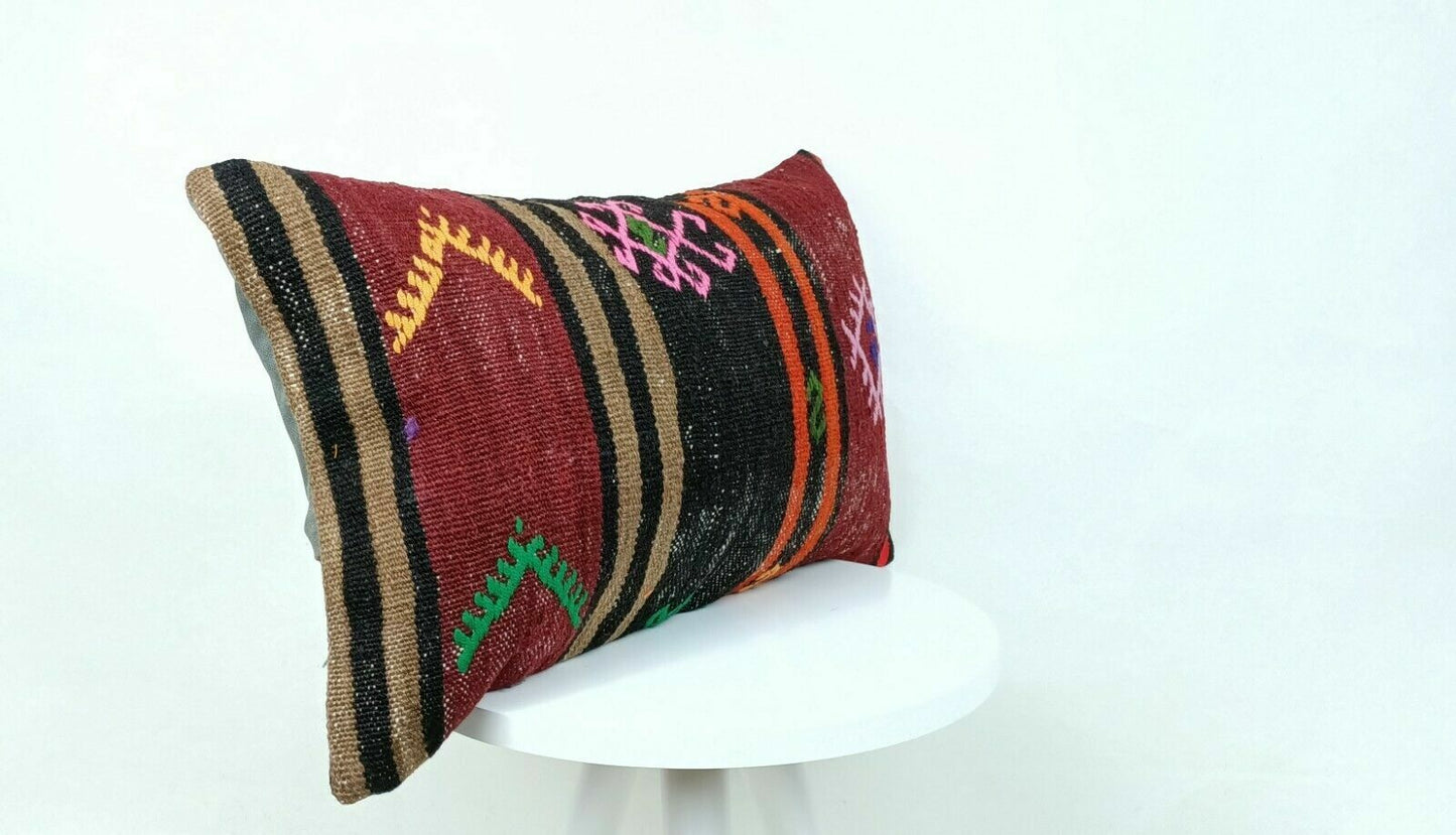 12x20 Kilim Lumbar Pillow Cover Handmade Traditional Oriental Wool Cushion E534