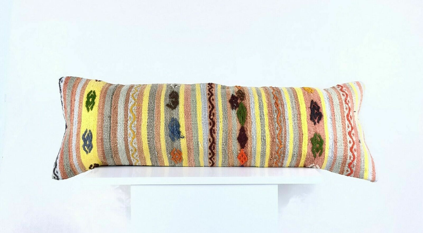 Kilim Lumbar Pillow 12x36 Handmade Oushak Rug Wool Long Throw Cushion Cover A648