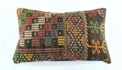 Kilim Pillow Cover 12x20 Handmade Turkish Rug Boho Ethnic Lumbar Cushion E1094