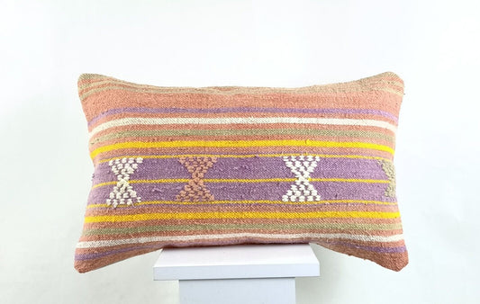 Kilim Pillow Cover 12x20 Handmade Turkish Rug Boho Ethnic Lumbar Cushion 2591