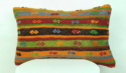 Kilim Pillow Cover 12x20 Oriental Bohemian Ethnic Handmade Lumbar Cushion  E558