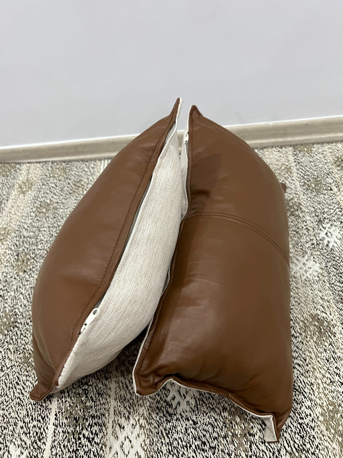 Genuine Leather Fabric Double Sided Pillow Cover Black Brown Lumbar Cushion Case