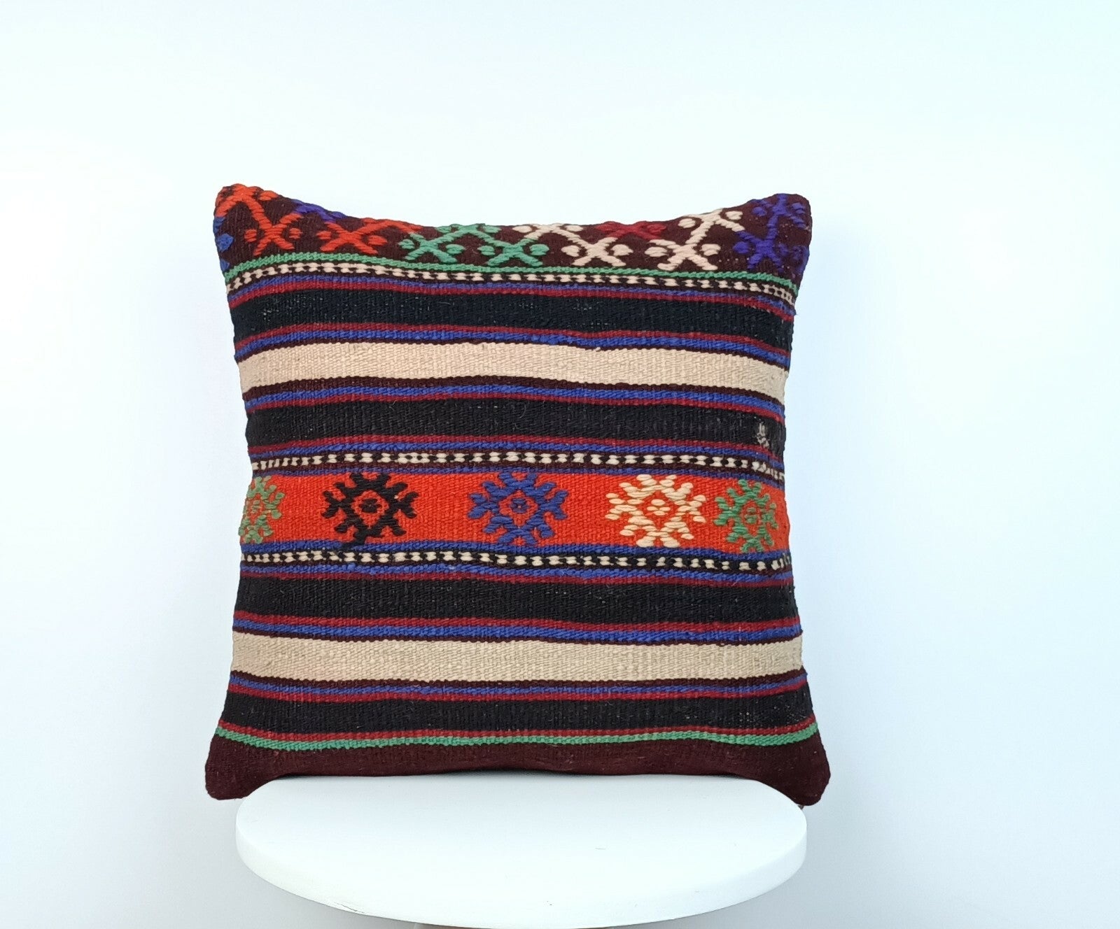 Kilim Pillow Cover 16x16 Handmade Vintage Wool Lumbar Tribal Ethnic Cushion E160