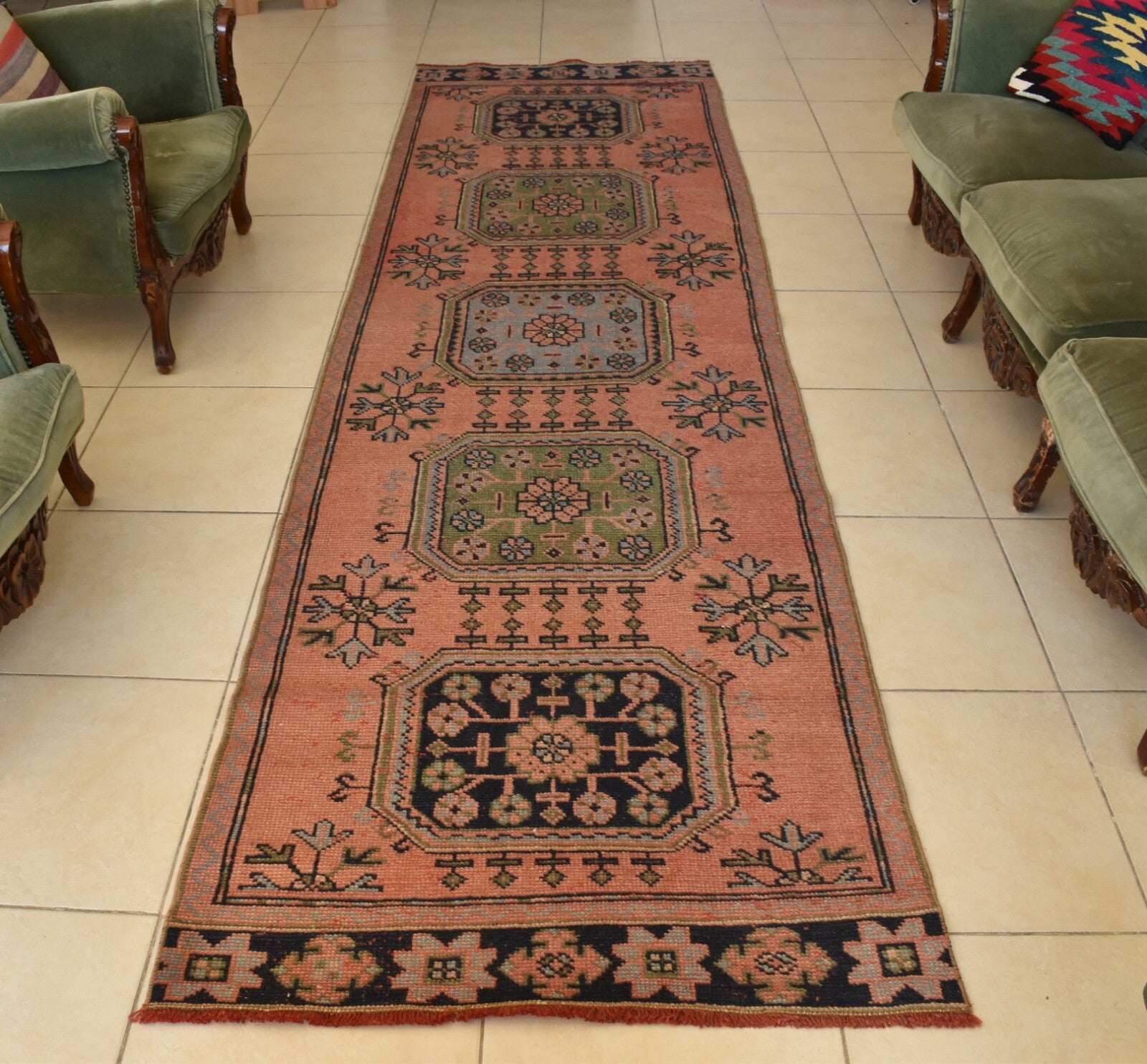 Handwoven Turkish Rug Runner  3.2 x 11.3 ft Oushak Kilim Ethnic Anatolian C43