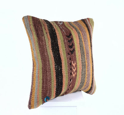 Kilim Pillow Cover 16x16 Anatolian Traditonal Wool Boho Sofa Lumbar Cushion A609