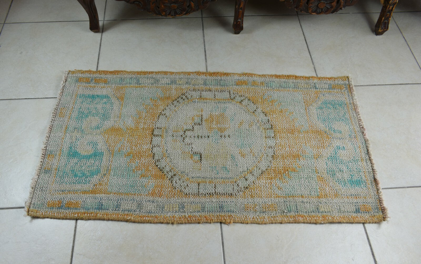 Turkish Runner 3.5x1.9 ft Vintage Small Rug Oushak Runner Anatolian Mini Rug Y75