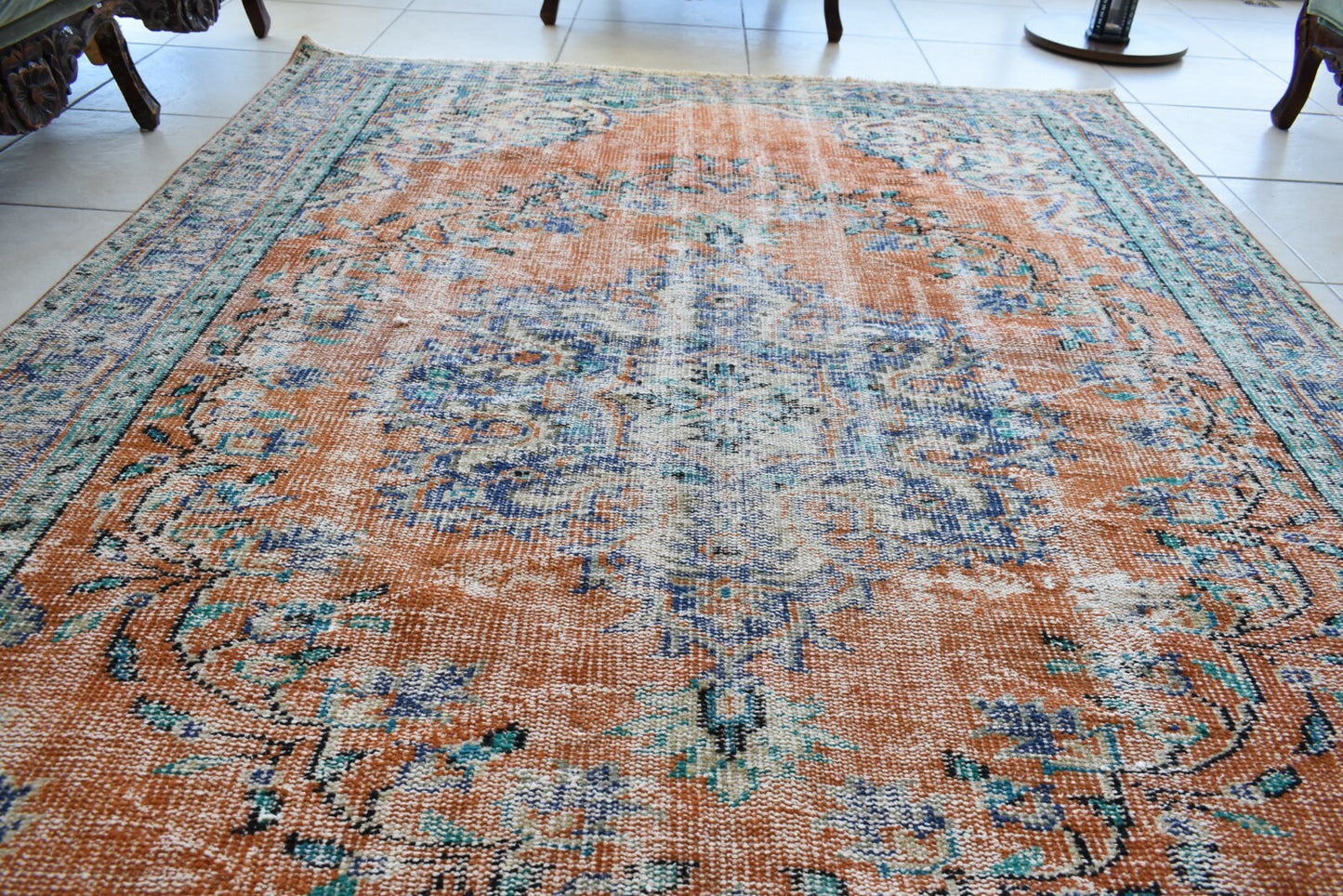 Large Turkish Rug 8.4x5.6 ft Vintage Rug Faded Oushak Rug Living Room Carpet B16