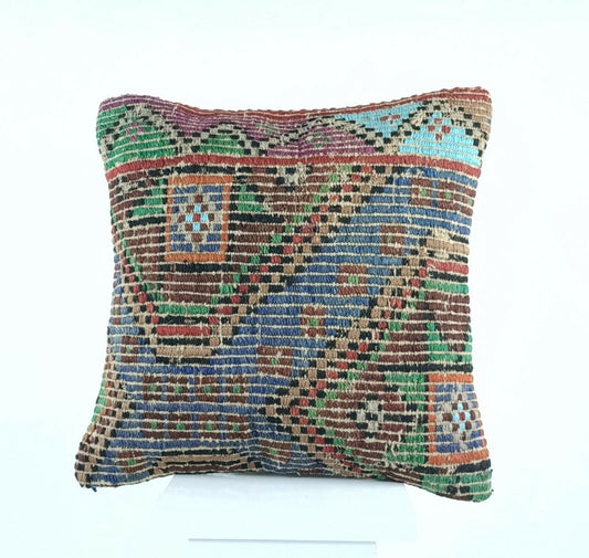 Kilim Pillow Cover 16x16 in Handmade Turkish Sofa Couch Wool Boho Cushion  A482