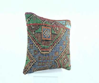 Kilim Pillow Cover 16x16 in Handmade Turkish Sofa Couch Wool Boho Cushion  A482