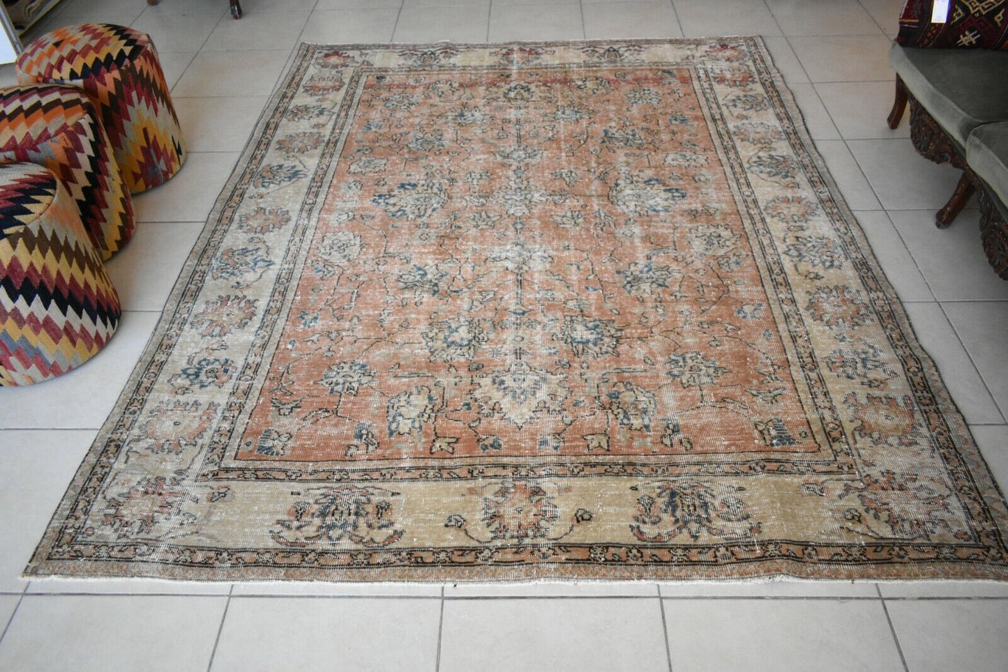 Turkish Rug 8.2x6.5 ft Vintage Rug Faded Oushak Rug Large Living Room Carpet B06