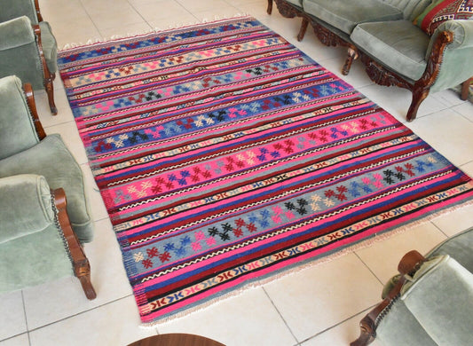 Hanmade Kilim 5.6 x 8.1 ft Vintage Traditional Pink Striped Wool Rug Runner C28