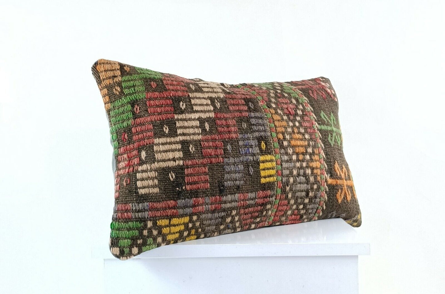 Kilim Pillow Cover 12x20 Handmade Turkish Rug Boho Ethnic Lumbar Cushion E1094