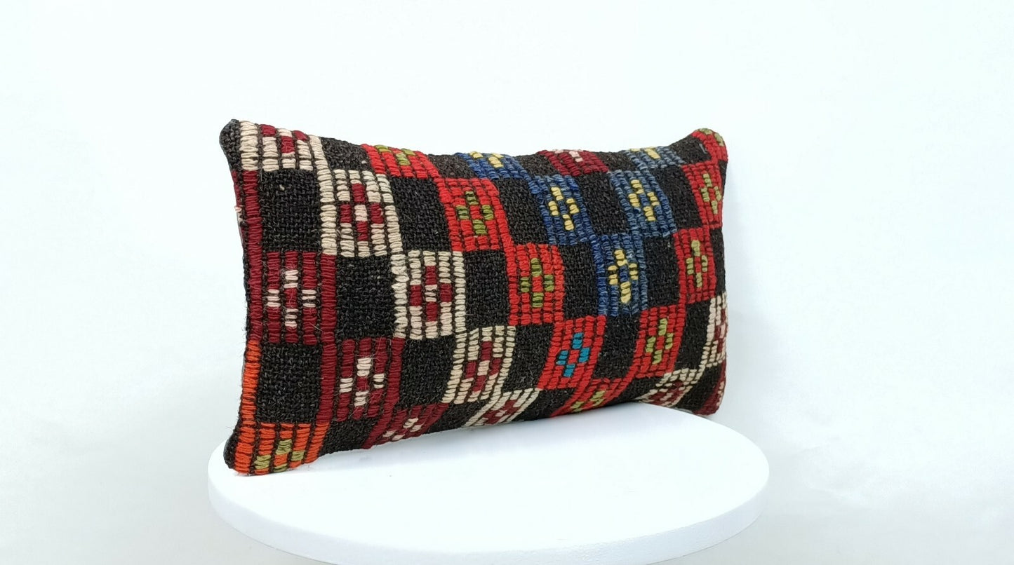Turkish Kilim Pillow Cover 8"x16" Handknotted Vintage Tribal Lumbar Cushion E381