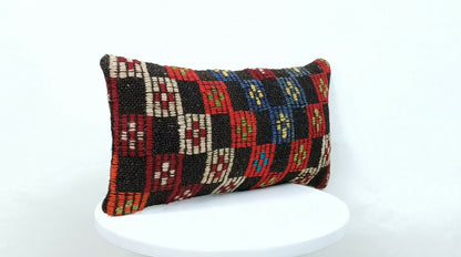Turkish Kilim Pillow Cover 8"x16" Handknotted Vintage Tribal Lumbar Cushion E381