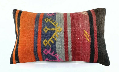 Kilim Pillow Cover 12x20 Handmade Turkish Rug Boho Ethnic Lumbar Cushion E1069