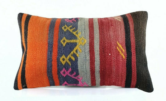Kilim Pillow Cover 12x20 Handmade Turkish Rug Boho Ethnic Lumbar Cushion E1069