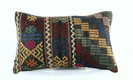 Kilim Pillow Cover 12x20 Handmade Turkish Rug Boho Ethnic Lumbar Cushion E1079