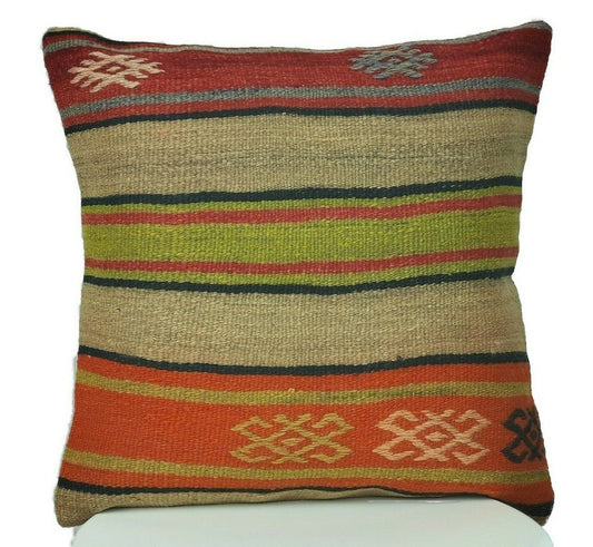 Kilim Cushion Case 16x16 Vintage Tribal Decorative Turkish  Pillow Cover E211