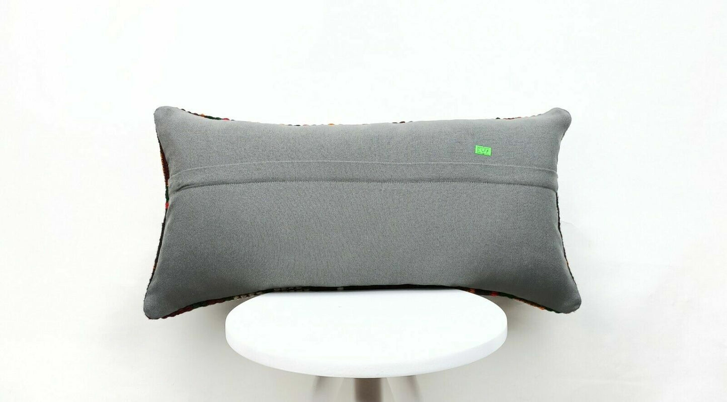 Turkish Kilim Pillow Cover 12x24 Sofa Ethnic Bohemian Wool Lumbar Cushion  E417