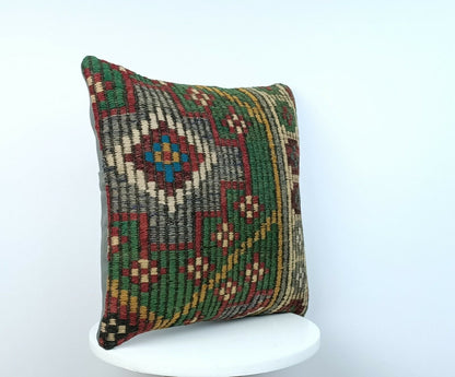 Kilim Pillow Cover 16x16 Handmade Vintage Wool Lumbar Tribal Ethnic Cushion E170