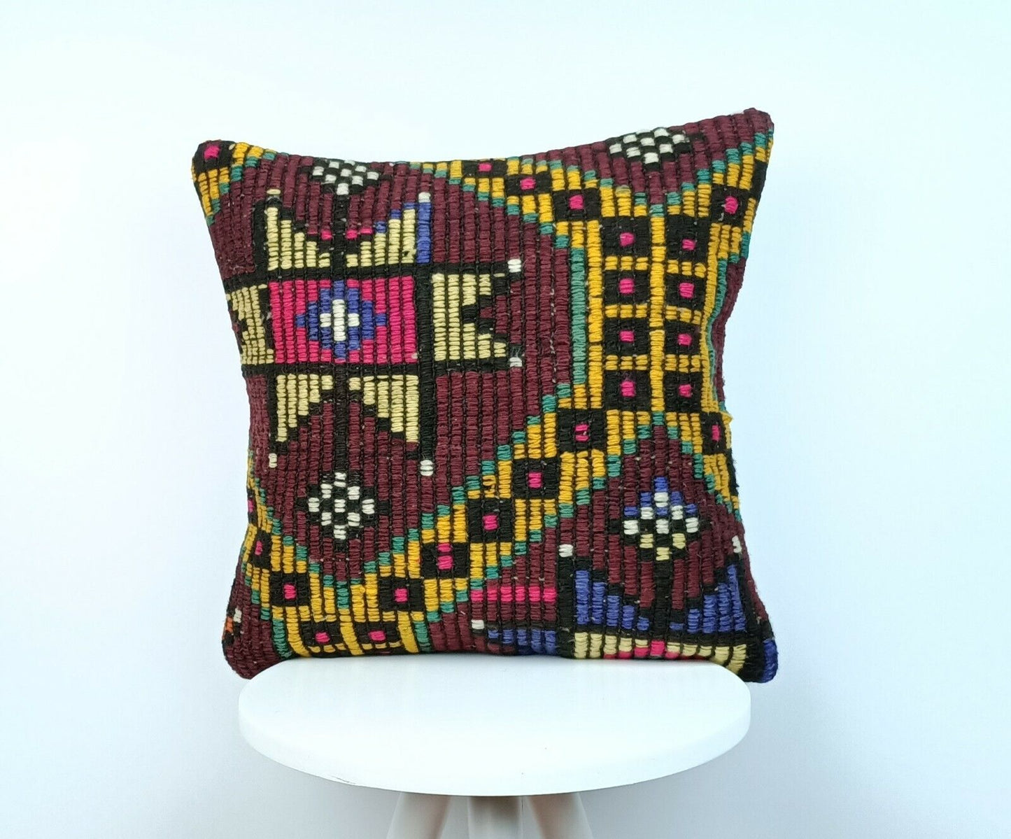 Kilim Pillow Cover 16x16 Handmade Vintage Wool Lumbar Tribal Ethnic Cushion E149