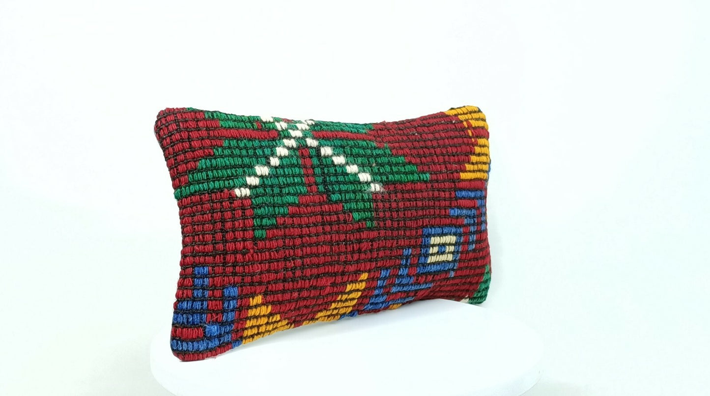 Turkish Kilim Pillow Cover 8"x16" Handmade Oushak Rug Tribal Lumbar Cushion E374