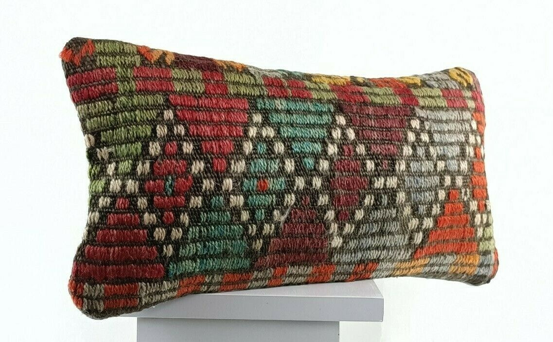 Anatolian Traditional Kilim Lumbar Pillow 8x16 Handmade Tribal Throw Pillow E755