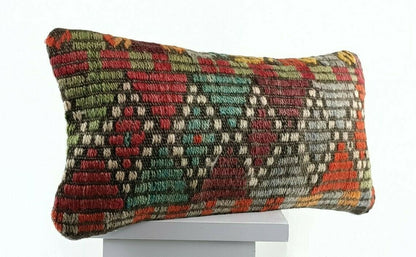 Anatolian Traditional Kilim Lumbar Pillow 8x16 Handmade Tribal Throw Pillow E755