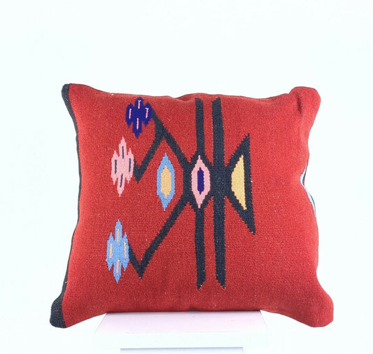 Turkish Kilim Pillow Cover 16x16 Home Decorative Wool Oushak Rug Cushion A515