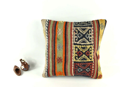 16x16 Kilim Pillow Cover Decorative Vintage Handknotten Bohemian Cushion A2488